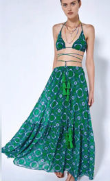 Alexis Green Meadow Tie Dye Chiffon Print Tassel Tie Maxi Skirt Photo 0