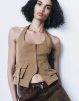Zara Pocket Halter Vest Top Sz XS Khaki Preppy Photo 0