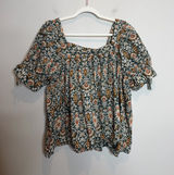 DR2 Boho Peasant Blouse Womens Large Green Floral Puff Sleeve Cotton Shirt Photo 0