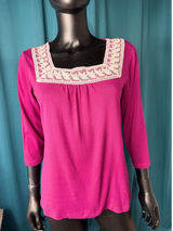 Jason‎ Maxwell Magenta Pink Square Neck Lace Trim 3/4 Sleeve Knit Top Blouse M Photo 0