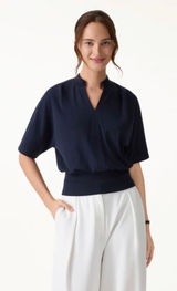 OGL Stand Collar V-Neck Short Sleeve Navy Top Women's Size Large NEW Photo 0