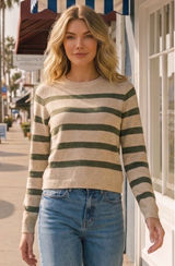 Zenana Lightweight Wool Blend Striped Round‎ Neck Sweater - Medium Photo 0