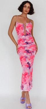 Saints &‎ Secrets NWT Gypsy Garden Laced Bodice Ruched Midi Pink Dress SZ Medium Photo 0