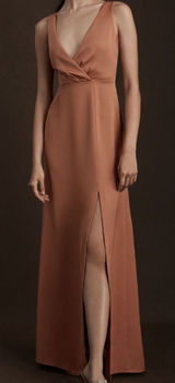 Anthropologie BHLDN Piper V-Neck Side Slit Satin Gown Dress in Sedona US 6 Photo 0