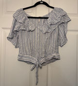 Free People Striped Ruffle‎ Blouse Blue Large Boho Coastal Summer Crop Top Photo 0