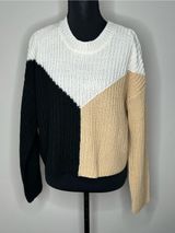 Sincerly Jules Cozy Three-Tone Chevron Crew Sweater - White, Black & Beige Photo 0