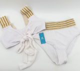 CUPSHE Womens White Smocked Bikini Set Gold Metallic Striped Trim‎ size Med New Photo 0