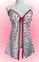 Y2K Victoria’s Secret Heart Print Fly Front Babydoll Slip Dress Lace Trim XS Photo 0