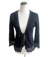 Joseph A. Vintage Knitted Cardigan Size Small Black Crochet Tie Front Whimsygoth Photo 0