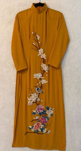 Vietnamese Ao Dai Tunic Mustard Yellow Floral Embroidered Beaded Gown Dress S/M Photo 0