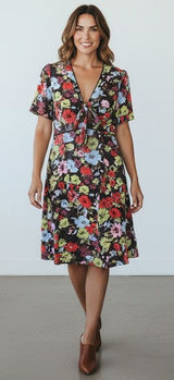 Loco Lindo Retro Botanical Print Dress w/ V-neck, Empire Waist, Short Sleeves Photo 0