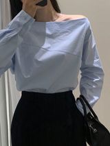 Women's solid color asymmetrical shoulder long-sleeved blue pullover Photo 0