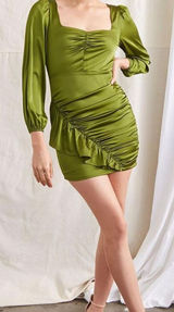 New Forever 21 Satin Ruched Mini Dress Women's‎ Large Green Sexy Event Wedding Photo 0