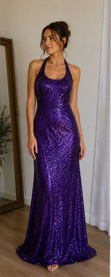 ✨💜 Jessica McClintock Gunne Sax‎ Purple Sequin Halter Gown Dress 3/4 ✨💜 Photo 0