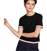 Zara Sweater Women Small Black Knit Crew‎ Neck Striped Trim Top Nautical Preppy Photo 0