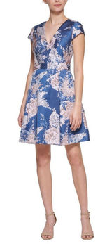 NWT Vince Camuto Womens Petite Jacquard Fit & Flare Dress Blue Floral 4P Photo 0