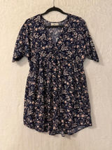 Natural Life Floral Babydoll Dress Womens XS/S Navy Blue Boho V-Neck Mini Rayon Photo 0