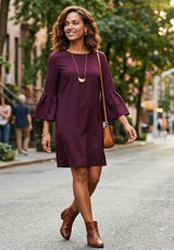 Banana Republic Women XS Burgundy Textured Plaid Bell Sleeve Shift Dress‎ 359076 Photo 0