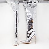 NEW Azalea Wang Shattered Disco Over The Knee High Heels Boots Shoes Silver 6 Photo 0