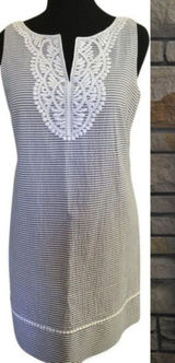 Eliza J Shift Dress Seersucker Stripe Crochet 12P Photo 0