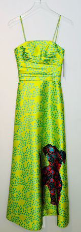 Theia Lime Green Spotted Puppy Dog Satin Formal Strapless Gown Dress Photo 0