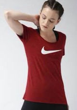 Womens Nike Athletic Fit Deep Red Cotton Swoosh Logo Graphic Tee Shirt - Sz S Photo 0