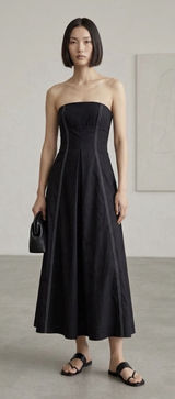 Mon Renn Winslow Midi Dress Linen Strapless Black Minimalistic Women Size M/10 Photo 0