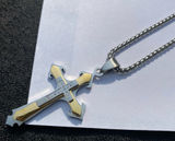 💎🩶 New Crystal Embellished Stainless Steel Two Tone Gold & Silver Edgy Crucifixion Cross Pendant Necklace 🩶💎 Photo 0
