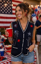 Vintage Robin Sinkler Fireworks Stars‎ Knit Embroidered Vest Medium Patriotic Photo 0