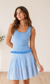 Free Assembly Blue White Striped Knit Tank Ruffle Top Tiered Mini Skirt Set‎ S Photo 0