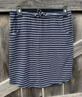 Striped Knit Mini Skirt - Navy Blue and White, Drawstring Waist, Casual Photo 0