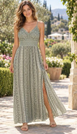 No Boundaries Juniors L (11-13) Green Geometric Lace V-Neck Strappy Maxi Dress Photo 0