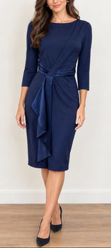 American Living Gabrielle Navy Blue Longsleeve Ruffle Satin Sheath Dress Size 6 Photo 0