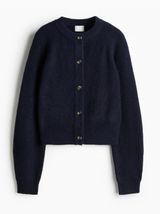 H&M Women's Size Large Rib-Knit Cardigan Sweater Navy Blue Crewneck Stretch Wool Photo 0