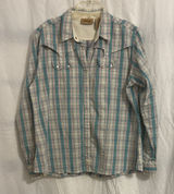 Women’s Wrangler Teal and Cream Plaid Button Down Shirt Photo 0