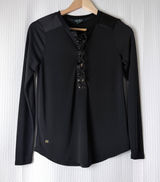 Lauren Ralph Lauren Top Women XS Black Lace Up Satin Trim Long Sleeve Equestrian Photo 0