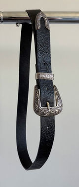 Western Black Faux Leather Belt Ornate Silver Buckle Soft Crocodile Texture Photo 0