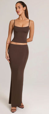 Oh Polly Ribbed Modal Mid Rise Maxi Skirt in chocolate Women’s XXS Photo 0