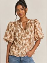 Cece Women Medium Neutral Breezy Puff Sleeve Floral Ditzy Boho Cottagecore Top Photo 0