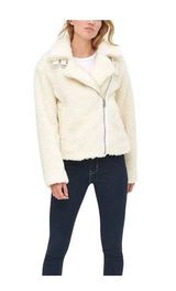 NWT Say What ? Fuzzy Ivory Sherpa Moto Jacket With Gold Zipper Size Small Photo 0