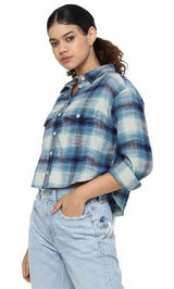 American Eagle Sz L‎ Light Flannel Shirt Cropped Boxy Oversized Plaid Button Up Photo 0
