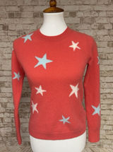 CYNTHIA ROWLEY 100% 2- PLY CASHMERE Sweater Coral Red Stars Embellished Sz‎ M Photo 0