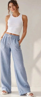 Athleta Blue Elastic Waist Pull On Cabo Linen Wide Leg Pants Women's Size 14 Photo 0