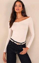 Simply Polished Cream Ribbed Off-the-Shoulder Bodysuit Photo 0