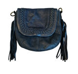 Lucky Brand Vintage Fossil Blue Leather Mini Bag Tassle Fringe Trim Y2K Boho Hippie Indie Photo 0