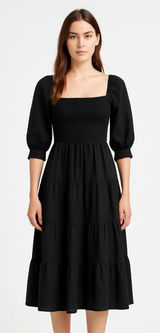 Hill House Home Nesli Black Puff Sleeve Smocked Tiered Midi A-Line Nap Dress XS Photo 0