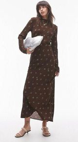 NEW Topshop Brown Ditsy Floral Print Satin Slip Long Sleeve Slim Maxi Dress Sz 2 Photo 0