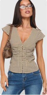 Princess Polly Womens Beige Check Indulgence Corset Gingham Ruched Top Size 4 Photo 0