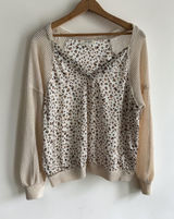 Umgee Mixed Media Leopard Heart Print Waffle Knit Top Cream Tan Medium Photo 0
