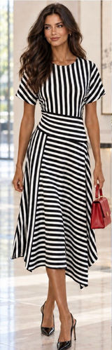 💥Karl Lagerfeld Paris Black White Striped Asymmetrical Midi Dress Sz 4💛 Photo 0